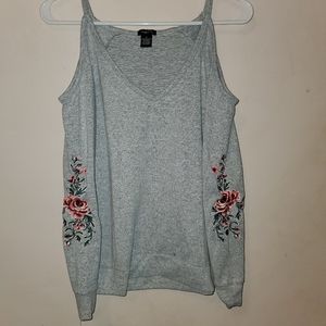 Grey Embroidered Floral Open Shoulder Long Sleeve